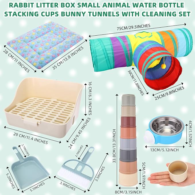 34 Pcs Rabbit Starter Kit Rabbit Litter Box Small Animal Water Bottle Cups Bunny Tunnels Animal Grooming Kit Bowl Blanket with Cleaning Set for Guinea Pig Bunny Accessories(Style 1,Blue)