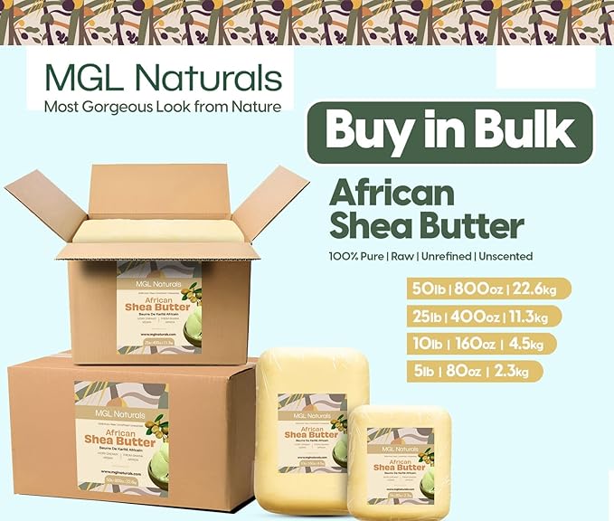 MGL Naturals Raw African Shea Butter Ivory, 100% Pure and Unrefined. Nourish and moisturize skin and hair. Use alone or DIY recipes. From Ghana, West Africa. (10 lb (Park of 1), 10 lb Shea Buttter)