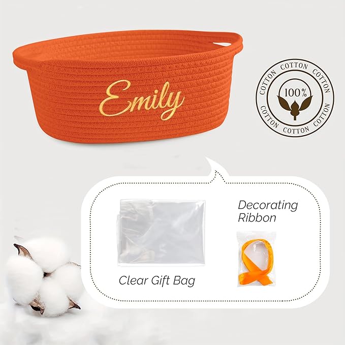 HUTARIO Personalized Woven Halloween Boo Basket Embroidered Name with Gift Bags and Ribbons,Empty Small Rope Basket，Durable Storage Custom Orange Basket with Handles for Baby Showers or Christmas