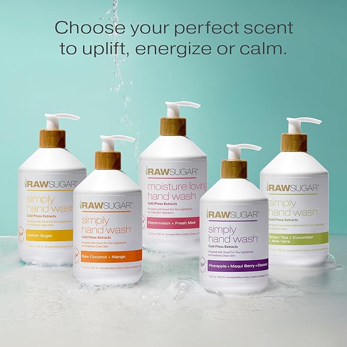 RAW SUGAR Simply Hand Wash, 16.9 Fl Oz (Pack of 3) Lemon Sugar Liquid Hand Soap for Kitchen or Bathroom, Cleanses & Refreshes Hands, Formulated without Sulfates & Parabens