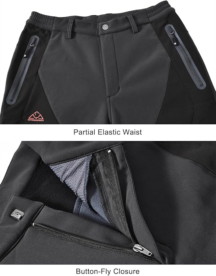 TBMPOY Men's Snow Pants Fleece Lined Hiking Winter Waterproof Softshell Ski Outdoor Insulated Climbing Pants Zipper Pockets