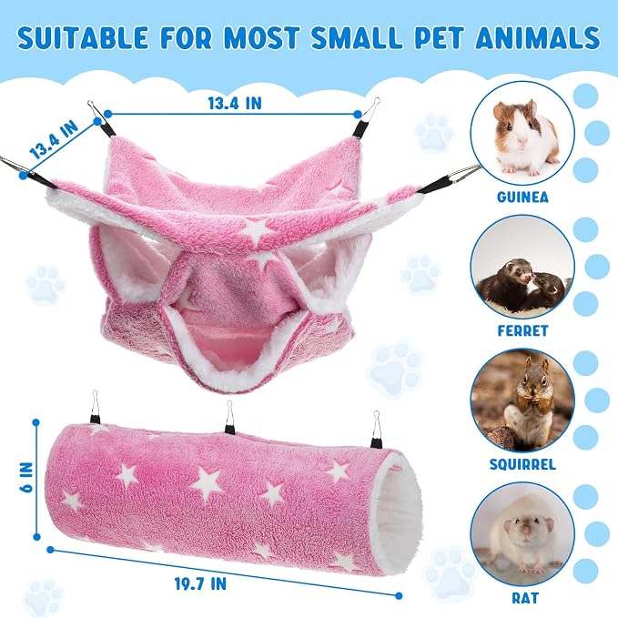 AceOrbit 6 Pcs Luminous Ferret Hammock Set 3 Tier Guinea Pig Hammocks Rat Hanging Tunnel Warm Soft Hamster Hideout Plush Small Animals Bed for Sugar Glider Cage Accessories Hide, Play and Sleep