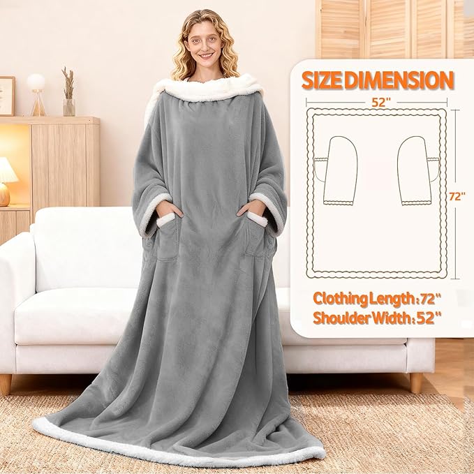 Wearable Heated Blanket With Sleeves & Foot Pocket, Heated Throw Blankets Fast Heating Blanket With 10 Heat Settings Auto Shut Off Over-Heat Protection-Warm Gift, Machine Washable, 52”*72”+18”