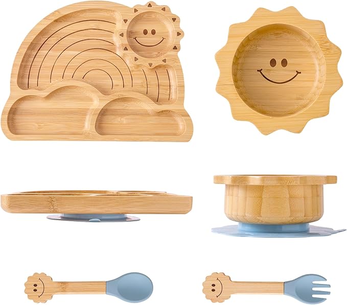 Bamboo Suction Plates Bowls Set for Baby Toddler - Includes Bamboo Bowl, Divided Plate, Silicone Fork & Spoon, All-Natural Baby Feeding Set for Baby-Led Weaning