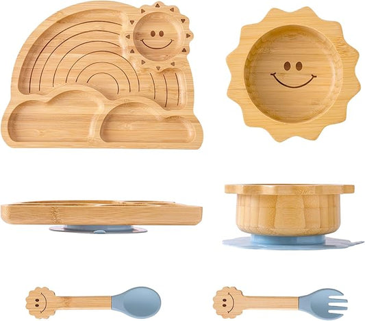 Bamboo Suction Plates Bowls Set for Baby Toddler - Includes Bamboo Bowl, Divided Plate, Silicone Fork & Spoon, All-Natural Baby Feeding Set for Baby-Led Weaning