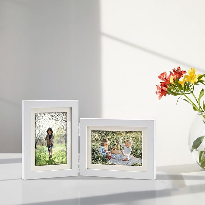 Double Hinged 5x7 Picture Frame with Tempered Glass-Tabletop or Wall Mounted, Display for 4x6 & 5x7 Photos (with/without Mat)-Matte White, For Family Photos & Wedding Memories-B5775