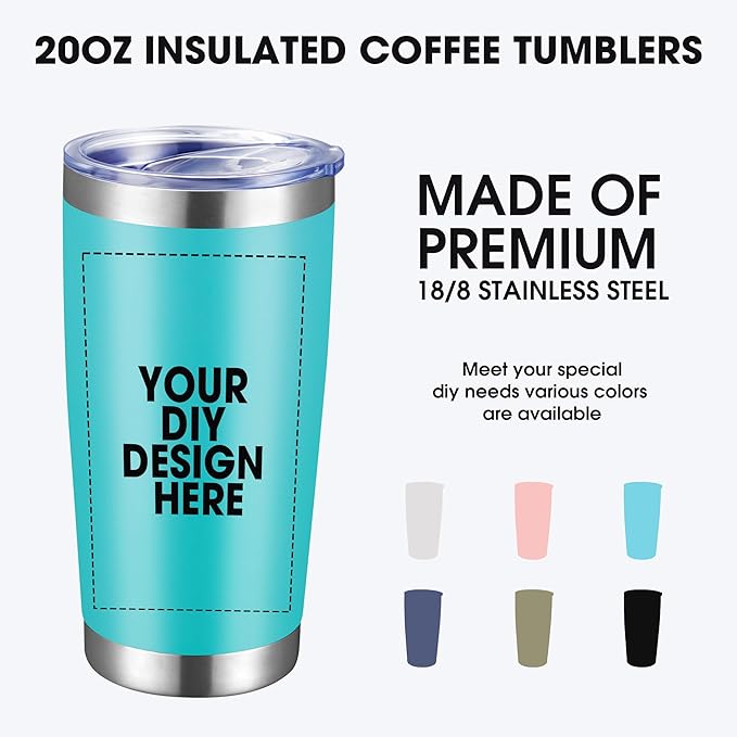 Personalized Custom Tumbler Print in USA 10 Pcs 20oz Stainless Steel Coffee Cup with Lid & Straw Double Wall Insulated Tumbler with Colorful Text Logo Photo