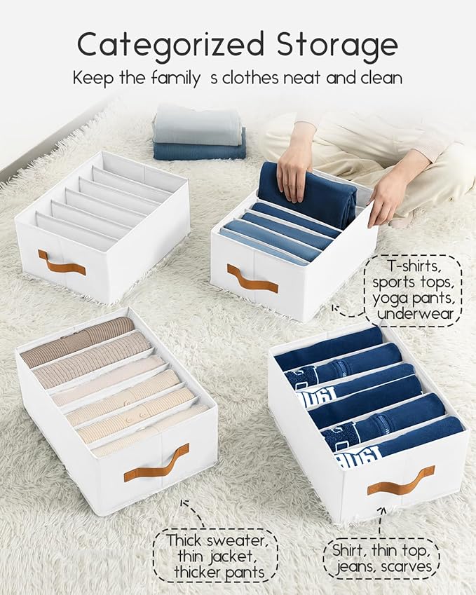 Closet Organizers and Storage - Fabric Clothes Organizer with Handles, Foldable Jeans Organizer for Clothes, Drawer Organizer for Shirts, Bra, Sweater, Scarf, 4 Pack, White