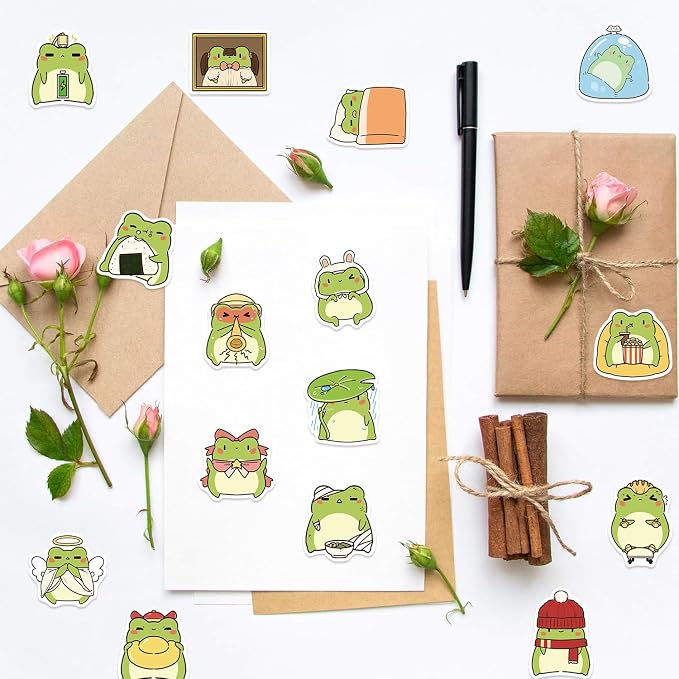 50Pcs Frog Stickers for Kids Teens Adults, Vinyl Cartoon Animals Decals Kawaii Sticker for Decor Water Bottles Laptops Guitar Scrapbook (Frog)