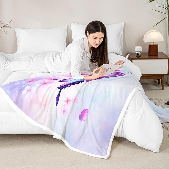 Feelyou Purple Blue Butterfly Fleece Throw Blanket 40"x50" Kids Girls Sherpa Blanket Plush Fuzzy for Bed Couch Chair Living Room, Floral Flower Bed Blanket Cute Watercolor Room Decor