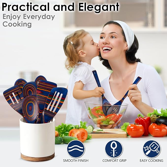 Pakkawood 7-Piece Wooden Cooking Utensil Set-Wood Kitchen Utensil Set, Wooden Spoons for Cooking, Nonstick Safe Non-Toxic Wooden Cooking Tools by HOWHONG (Spectrum Color)