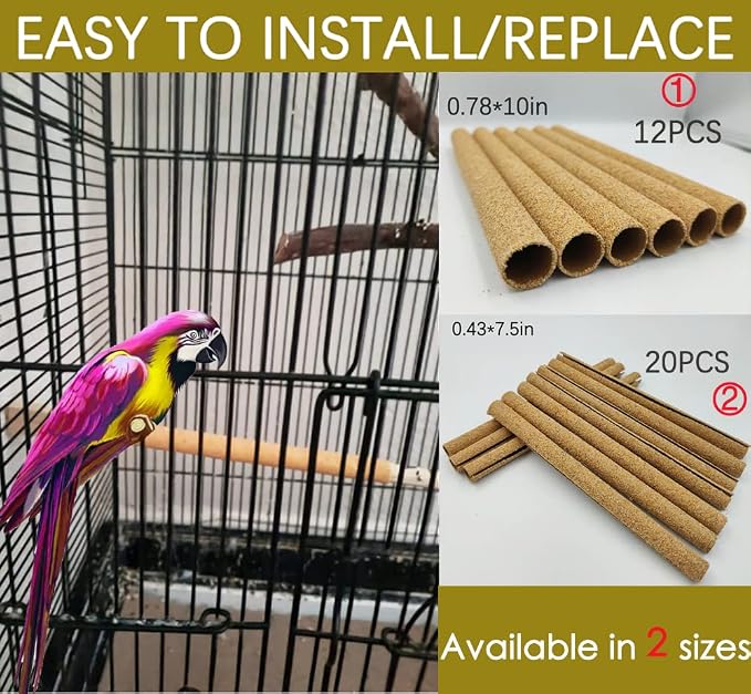 12Pcs Sand Perch Covers for Birds - Large Bird Perch Covers 10" Long x 0.78" Diameter Bird Perches for Parakeets, Lovebirds, Parrotlets, Canaries and Other Small Birds(Yellow, 12pcs 10" x 0.78")