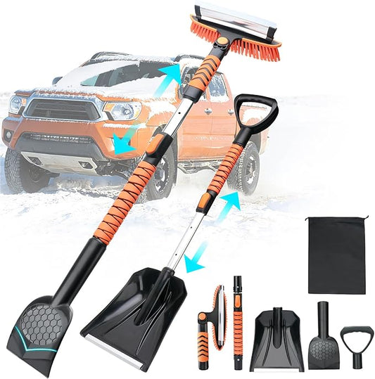 43.3'' Snow Shovel & Snow Brush with Ice Scrapers for Car Windshield,5-in-1 Extendable Thicken Aluminum Tube,180° Pivoting Brush Head & Foam Grip for Christmas, Cars, Trucks, SUVs, Vehicle(Orange