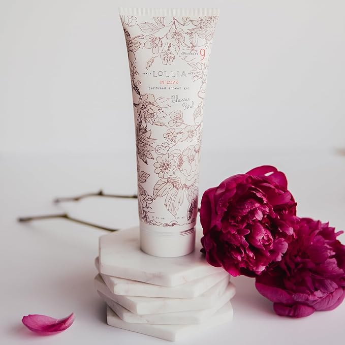 LOLLIA In Love Shower Gel, 8 fl oz, Classic Petals, Apple Blossom, Jasmine, & Living Rose, Luxury Shea Moisture Hydrating Women's Body Wash, Delicate & Relaxing Scented Bath Soap for Self Care