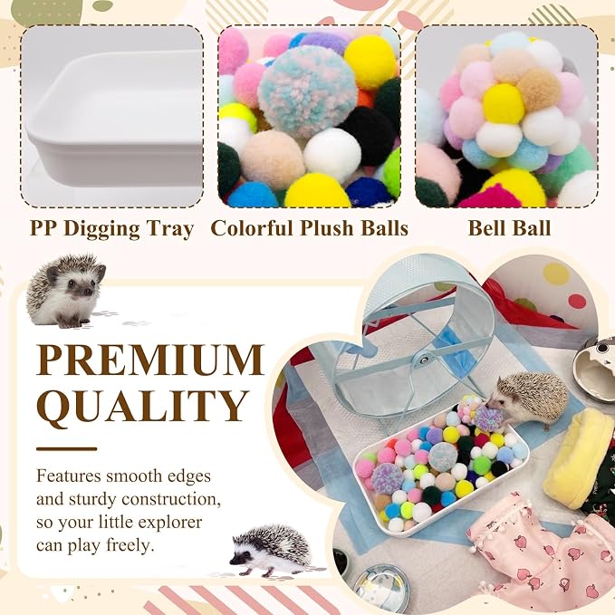 Hedgehog Cage Dig Box Enrichment Hedgehog Accessories Laundry Bag Dig Tray Toys with Multicolor Plush Balls and Bell Balls, Suitable for Hedgehogs, Hamsters, Ferrets and Other Small Animals