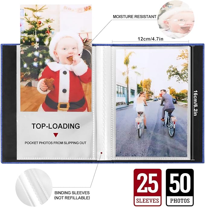 Ywlake Photo Album 4x6 50 Pockets 2 Packs, Small Mini Capacity Linen Photo Album Bulk Sets, Each Pack Holds 50 Top Loader Vertical Only Picture for Kids Boy Girls Blue