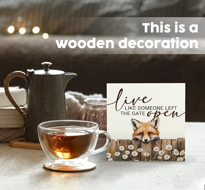 Fox Wooden Box Sign - Rustic Farmhouse Live Like Someone Left the Gate Open Signs for Home Decor,Farm Cottagecore Animal Office Kitchen Bedroom Decor,Fox Gifts for Women Men, 5x5