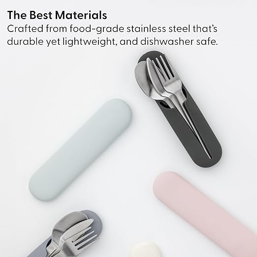 W&P Porter Stainless Steel Utensils with Silicone Carrying Case | Mint | Spoon, Fork & Knife for Meals on the Go | Portable and Compact Set