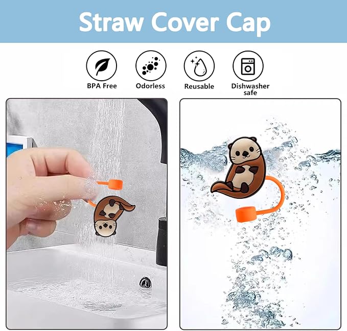 Animal Straw Toppers For Stanley Cups;Straw Covers Cap Toppers Compatible With Stanley 30&40 Oz Tumbler, Reusable & Silicone Tumbler Straws Topper For 0.4 Inch Tips Animal Lover Gifts (Otter)