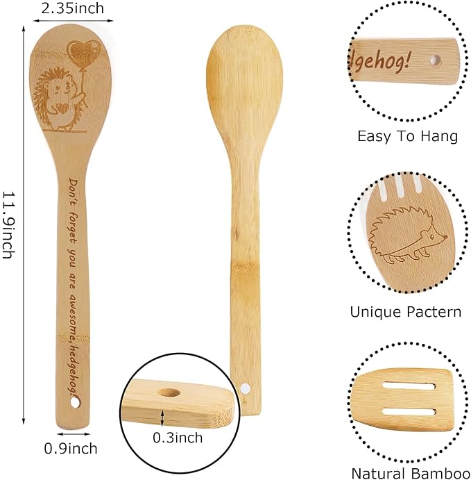 5PCS Hedgehog Wooden Cooking Spoons Set Bamboo Cooking Spoons | Hedgehog Kitchen Decor Housewarming Wedding Anniversary Thanksgiving Christmas for Mom Women Animal Lovers