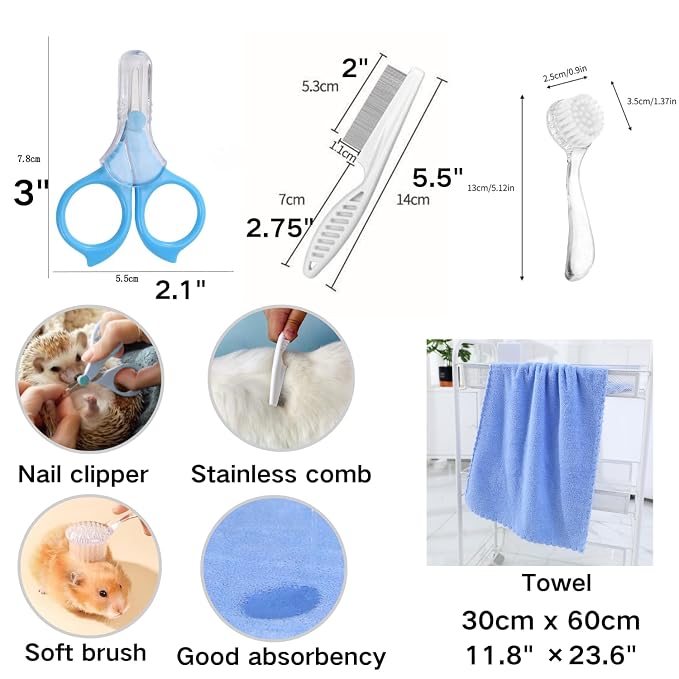 6 Pcs Hedgehog Bath Supplies Kit, Foldable Bathtub and Cleaning Brush with Pet Hair Comb, Pet Nail Clipper, Swimming Ring, Towel for Small Animal Hamster, Bunny, Guinea Pig, Lizards, Turtle