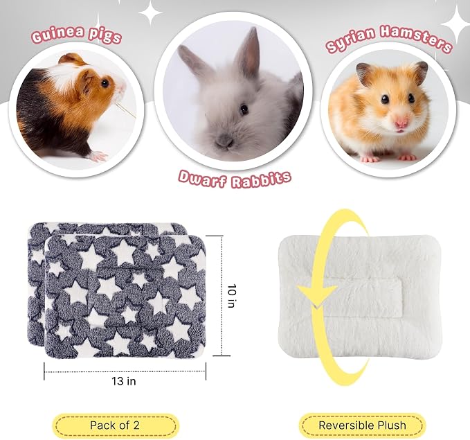 2 Pcs Bunny Bed, Washable Rabbit Bed, Double-Sided Fleece Sleeping Pad for Guinea Pig, Dwarf Rabbit, Chinchilla, Ferret, Hamster, Warm Small Animal Cage Mat, 13x10in, Gray Star