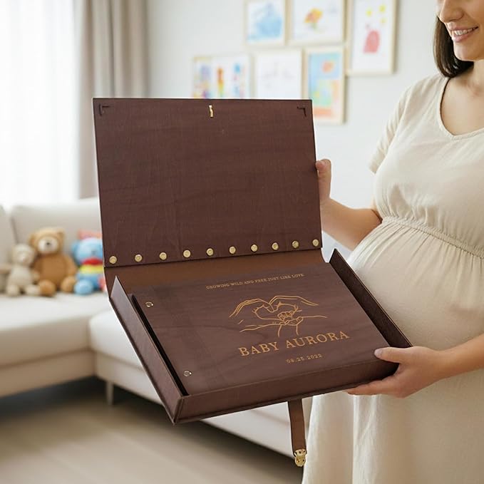Personalized Baby Memory Book，Wooden Keepsake Baby Memory Book Boys & Girls，Wooden Baby Keepsake Book for Newborn Baby Gifts