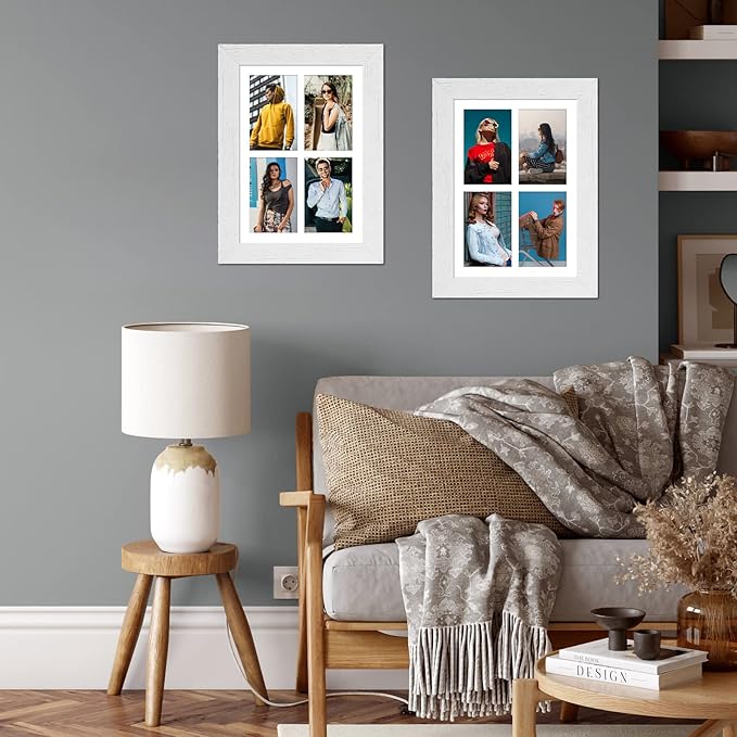 9x13 Picture Frame Display 4 opening 4X6 Picture Frame Collage,Multi Photo Frame with Mat,Plexiglass,Wall or Tabletop Decor,Distressed White Wood Grain