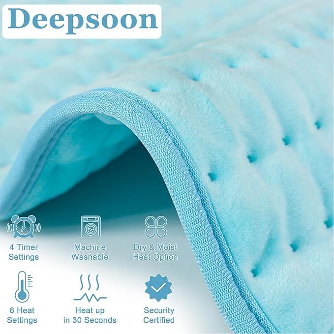 Deepsoon Heating Pad,Electric Heating Pads for Back,Neck,Abdomen,Moist Heating Pad for Shoulder,Knee,Arms,Legs,Dry/Moist Heat & Auto Shut Off,Christmas Gifts for Men and Women,Light Blue,24x20 Inch