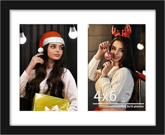 8x10 Double Picture Frame White Mat For Displaying Two 4x6 Pictures, Photo Frame for Wall Mounting or Tabletop, Black.