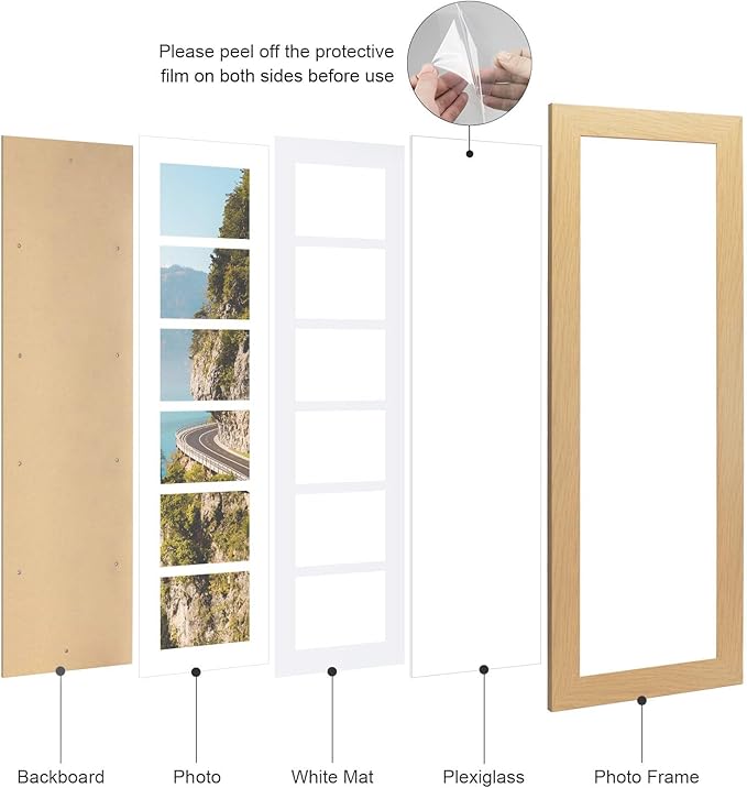8x26 Picture Frame Display 6 opening 4X6 Picture Frame Collage,Multi Photo Frame with Mat,Plexiglass,Wall or Tabletop Decor,Natural Wood Grain