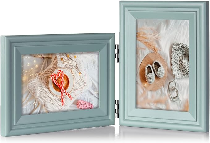 4x6 Double Hinged Picture Frame Folding Photo Frame Horizontal and Vertical in Teal Blue Pine Wood with Real Glass for Tabletop X2-LAN-HS46