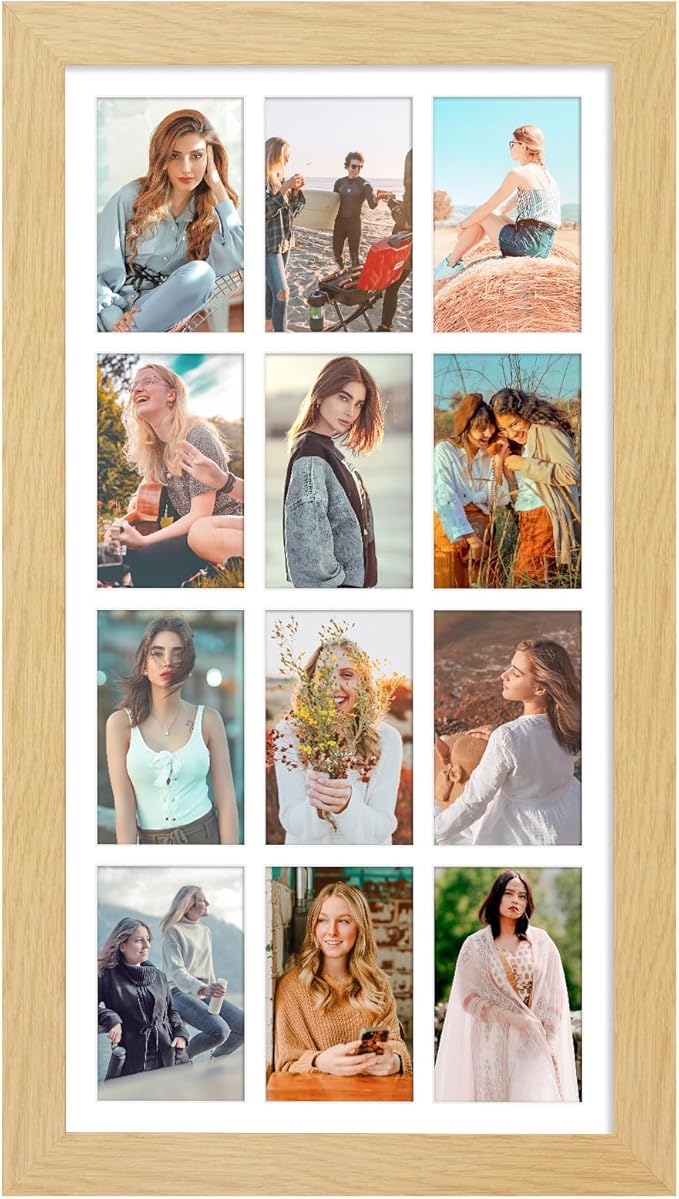 13x25 Picture Frame Display 12 opening 4X6 Picture Frame Collage,Multi Photo Frame with Mat,Plexiglass,Wall Mount Decor,Natural Wood Grain