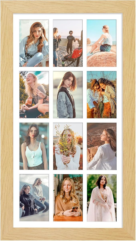 13x25 Picture Frame Display 12 opening 4X6 Picture Frame Collage,Multi Photo Frame with Mat,Plexiglass,Wall Mount Decor,Natural Wood Grain