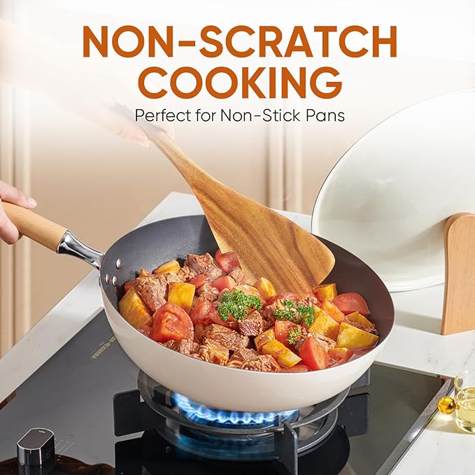 EZuncle 6 Piece Wooden Cooking Spoon Set - Ideal For Non-Stick Pans, Heat Resistant Solid Wood, Smooth Teak Cutlery For a Comfortable grip - Lightweight and Durable - Easy to Clean(6 PCS)