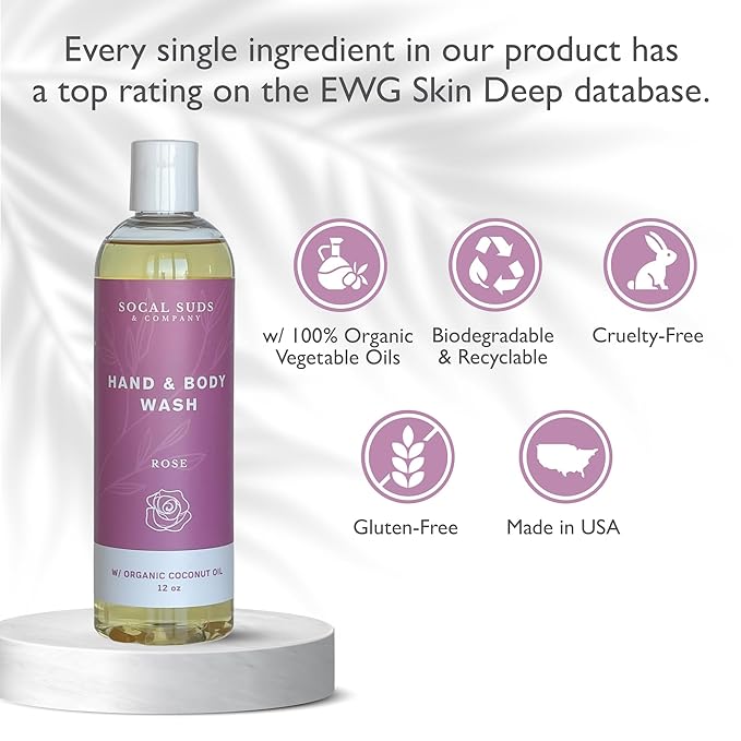 SoCal Suds & Company - 12oz Organic Soap Liquid, Gentle Hand & Body Wash, Organic Body Wash for Men and Women, Made w/Organic Oils & Coconut Oil, Bath Essentials for All Skin Types - 2pk Rose