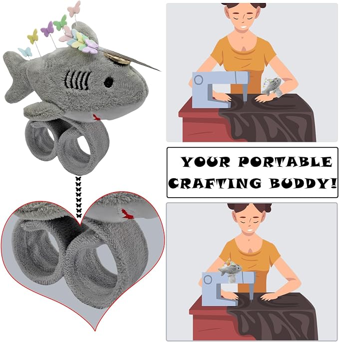 Cute Sharks Wrist Pin Cushion for Sewing with Magnetic, Snap Bracelet Wrist Bands for Pins and Needles Include 50 Lovely Butterfly Straight Pins.