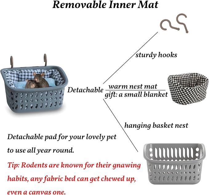 JWShang Rat Hammock for Cage, Chew Proof Hanging Basket Bed with Sturdy Hooks, Pet Cage Accessories, Safe Cozy Small Animal Rodent Hammock for Sugar Glider Mice Snuggling Sleeping
