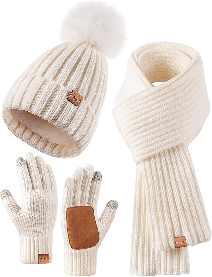 Winter Beanie Hat Scarf Gloves Set for Women, Womens Beanie with Pom Pom Long Scarf Neck Warmer Touchscreen Gloves 3 in 1 Set