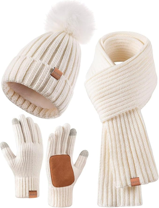 Winter Beanie Hat Scarf Gloves Set for Women, Womens Beanie with Pom Pom Long Scarf Neck Warmer Touchscreen Gloves 3 in 1 Set