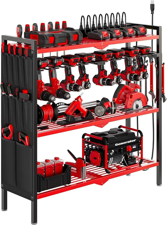 Large Power Tool Organizer Cart with Charging Station 8 Drill Holder Garage Storage Standing Heavy Duty and Stability Storage Rack Utility Tool Shelf (Red)