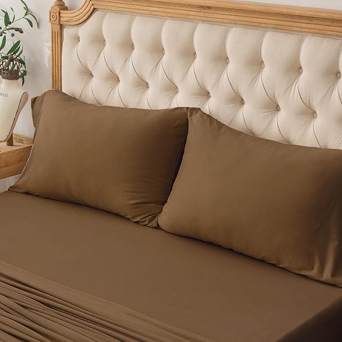 PURE ERA Jersey Knit 4pc Bed Sheet Set 100% T-Shirt Cotton Super Soft Comfy Breathable Fits Mattress Up to 20" Extra Deep Pocket (Solid Toffee Brown, Twin)