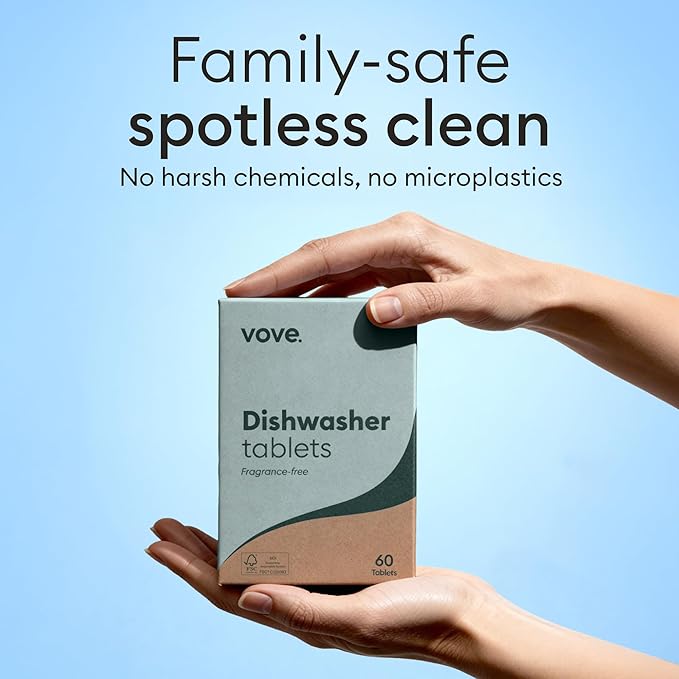 Vove Plastic-Free Dishwasher Tablets, 60 Pack - All-in-One Plant-Based Formula with 2x Enzyme Power - Tackles Stubborn Stains, No Pre-Rinse Needed, Biodegradable & Concentrated, Fragrance-Free