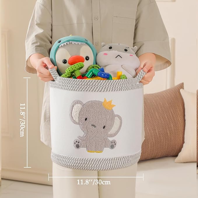 3-Piece Woven Baby Toy Blanket Storage Baskets Laundry Hampers, Elephant Design Foldable Nursery Organizer for Toys Clothes Stuffed Animals, Roomy Sturdy Hamper for Baby Gift Nursery Decor Basket
