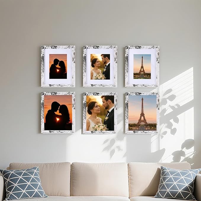 6 Pcs 11x14 Rustic White Wood Picture Frame - Display Pictures 8x10 with Mat or 11 x 14 without Mat - Distressed White Wooden Photo Frames for Wall Mounting 11 14 Matted to 8x10 Farmhouse Set of 6