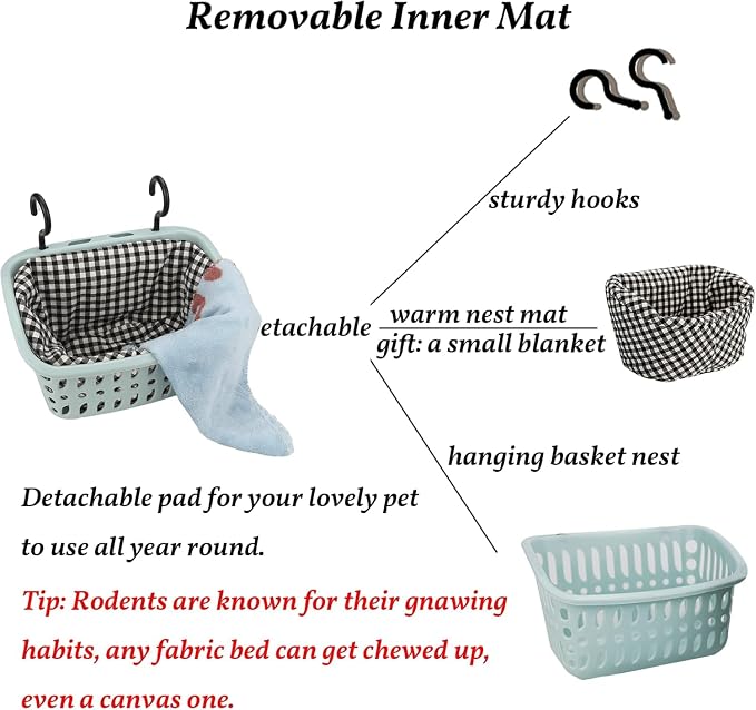 JWShang Rat Hammock for Cage - Small Animal Hanging Basket Bed with Sturdy Hooks, Cozy Pet Rat Cage Accessories for Guinea Pig Chinchilla Sugar Glider Ferret (Blue, L)