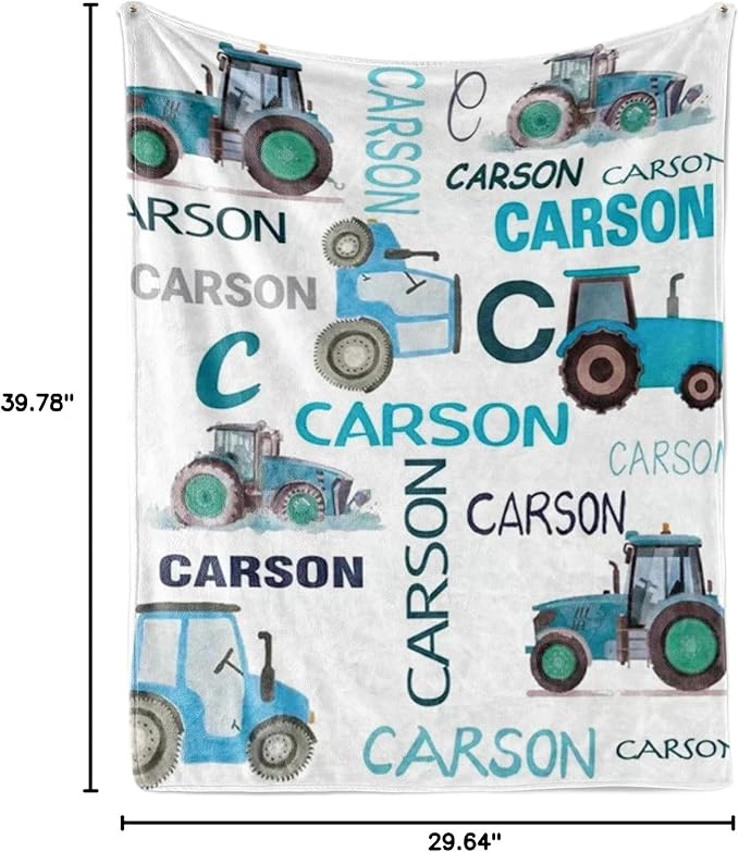 Personalized Tractors Blanket - Custom Name with Farm Tractor Trucks Design - Soft Plush Flannel Bed Blanket for Baby Kid Teen Boys Girls Customized Gifts White & Blue
