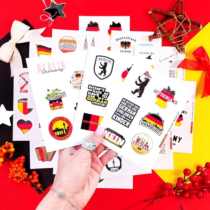 100Pcs Germany Stickers for Water Bottle and Laptop - Cultural Party Supplies & Decorations, Waterproof Vinyl German Decals, Germany Flag and Icon Stickers Laptop Decals, Gifts for Women & Men
