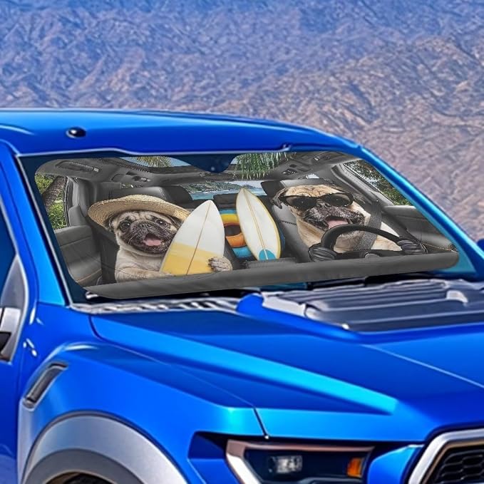 Cute Pug Car Windshield Sun Shade Easy Installation Foldable Funny Front Windshield Sun Visor Protector Universal Auto Sun Shade Easy Storage Automotive Interior Cover