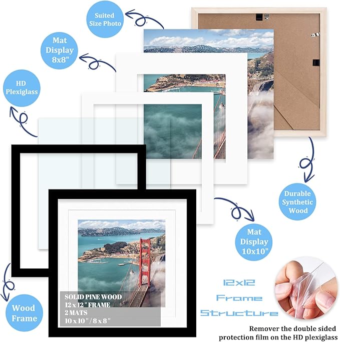 12x12 Wood Picture Frames for Wall Hanging or Tabletop,Diamond Painting Frame Baby Scan Picture Frames with 2 Mats Display 8x8 or 10x10 for Family Walls Decoration,Anniversary,Wedding,Christmas(Black)